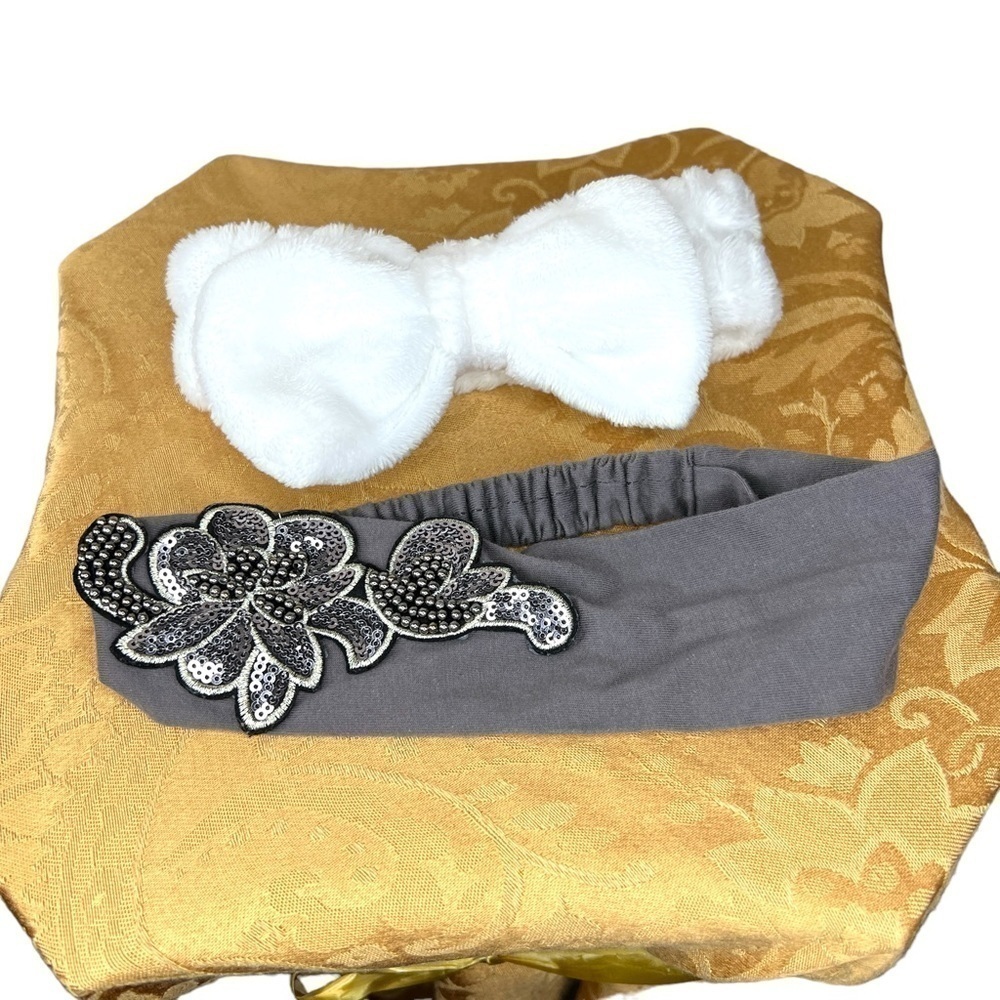Set Of Two Grey White Headbands Silver Sequin Accent Makeup Skincare Bow Glam